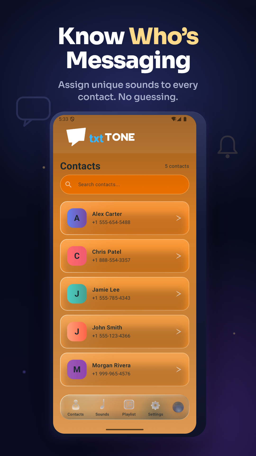 TxTTone Contacts screen listing contacts with signature sounds